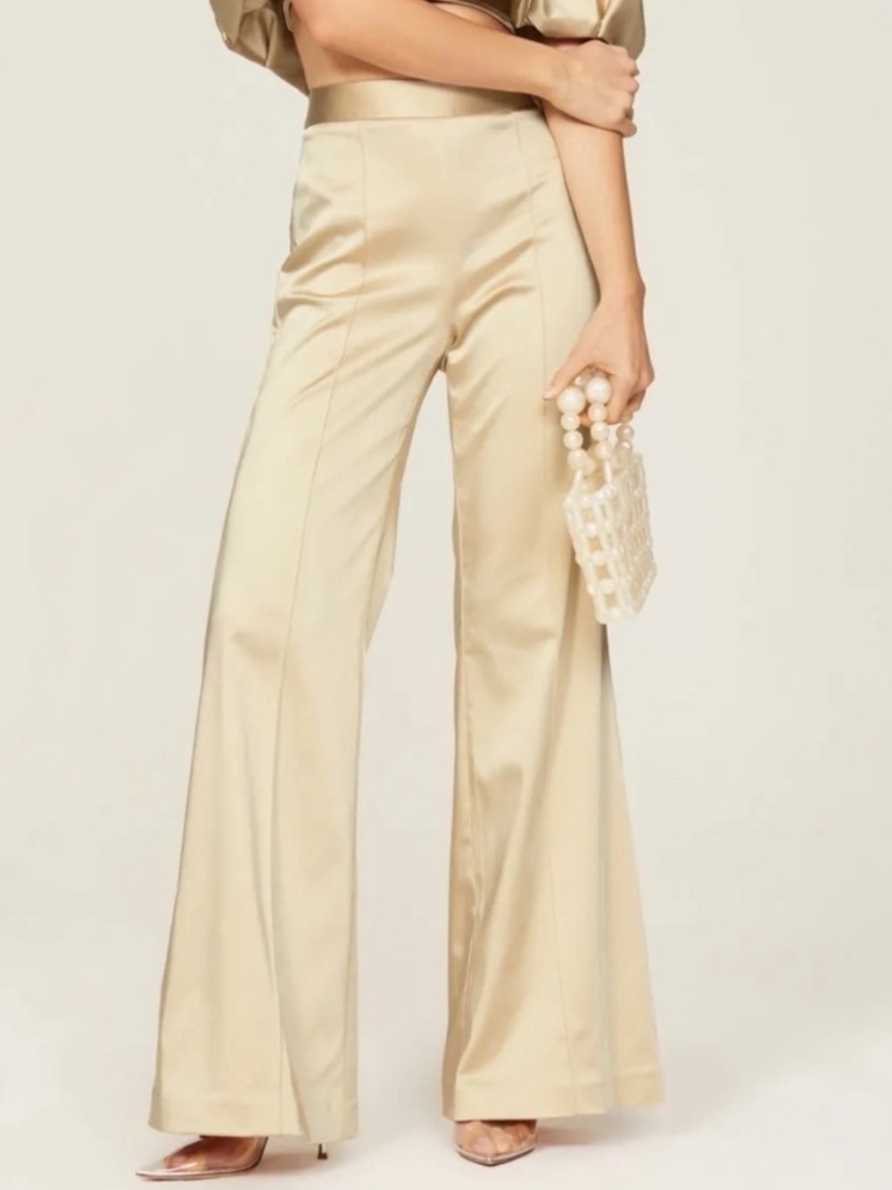 Jonathan Simkhai Duchesse-Satin Bootcut Pants High Rise in Goldish Cream Sz 0
